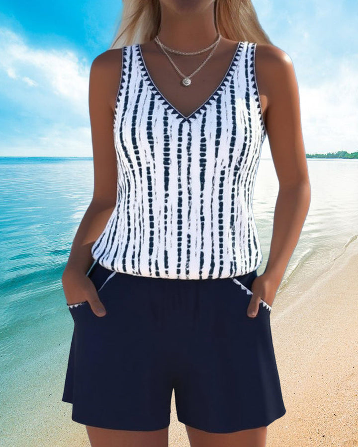 Mia | Printed V-Neck Two-Piece Swimsuit with Pockets - Casual Style