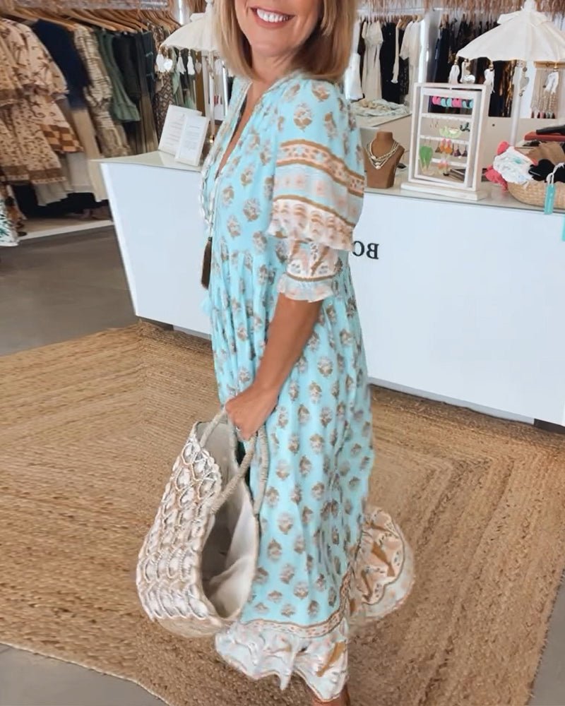MANA | ELEGANT V-NECK MIDI DRESS WITH FLORAL PRINT