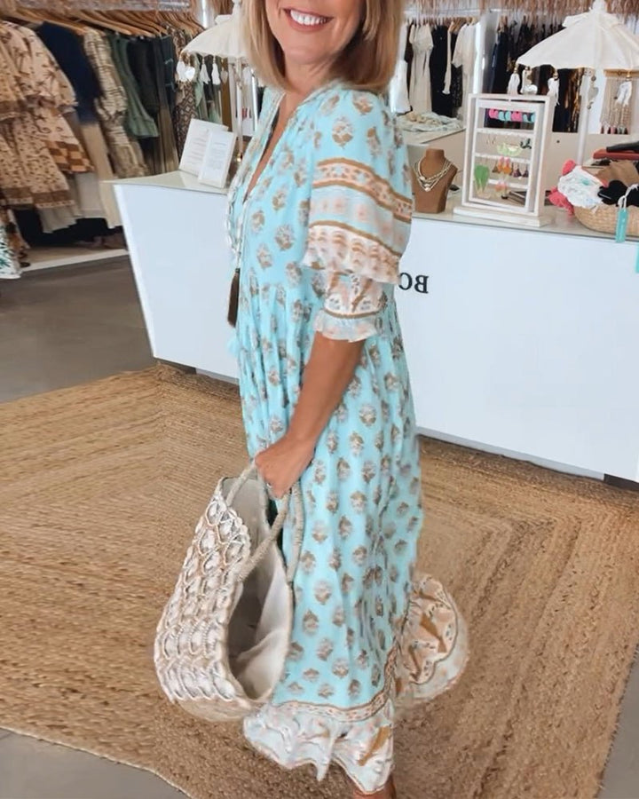 MANA | ELEGANT V-NECK MIDI DRESS WITH FLORAL PRINT