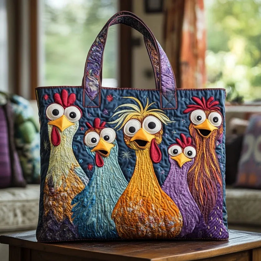 Handcrafted Bag featuring Five Vibrant Chickens