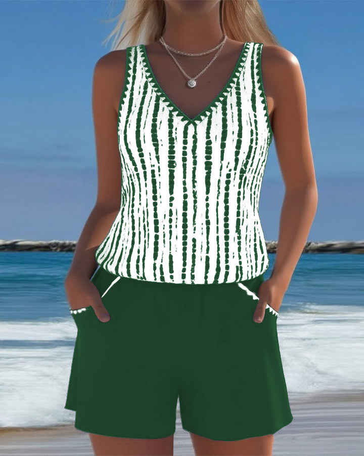 Mia | Printed V-Neck Two-Piece Swimsuit with Pockets - Casual Style