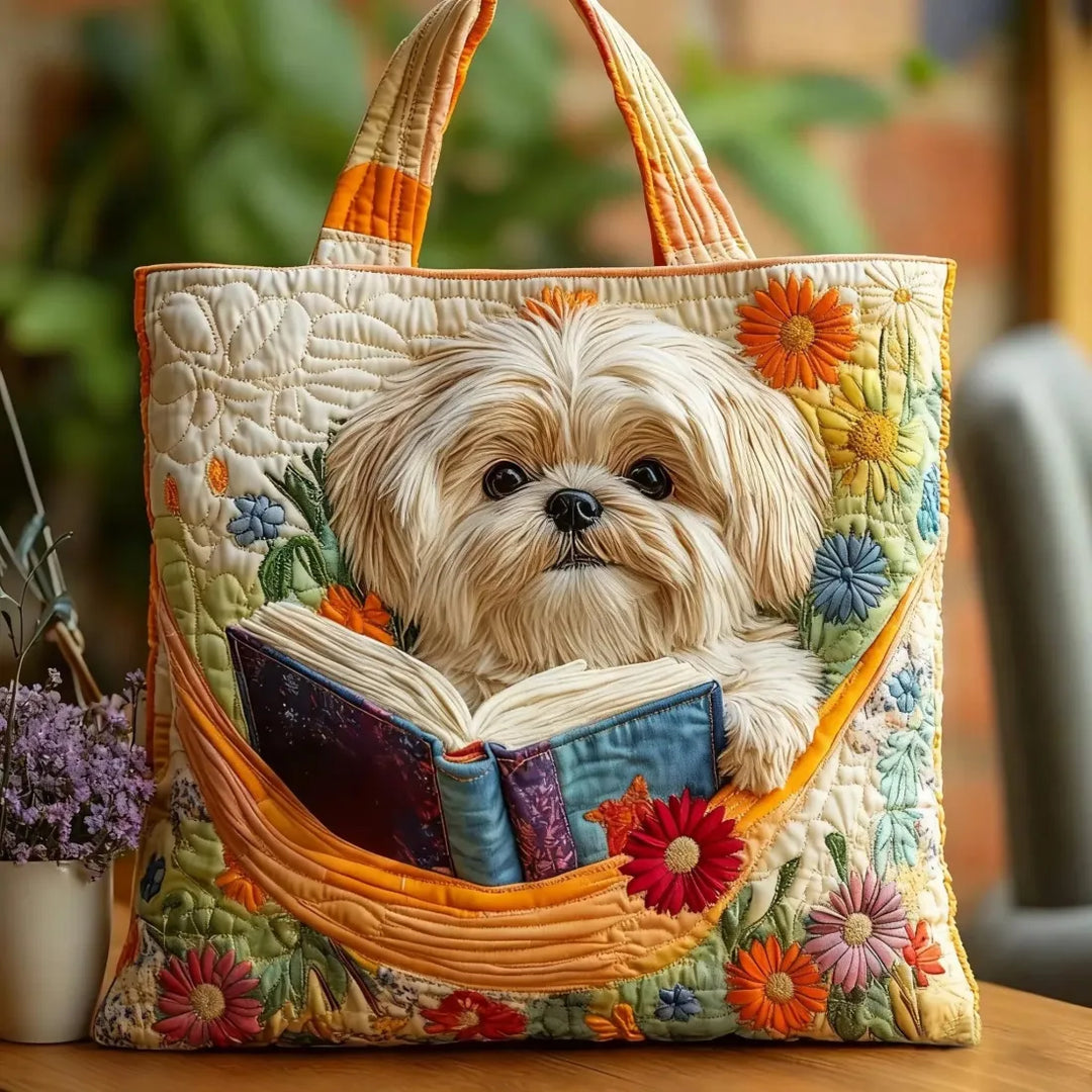 Handcrafted Bag Featuring Shih Tzu and Books Design