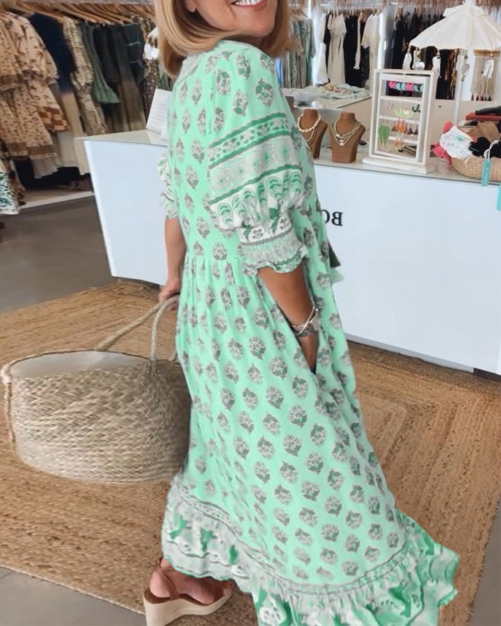 MANA | ELEGANT V-NECK MIDI DRESS WITH FLORAL PRINT