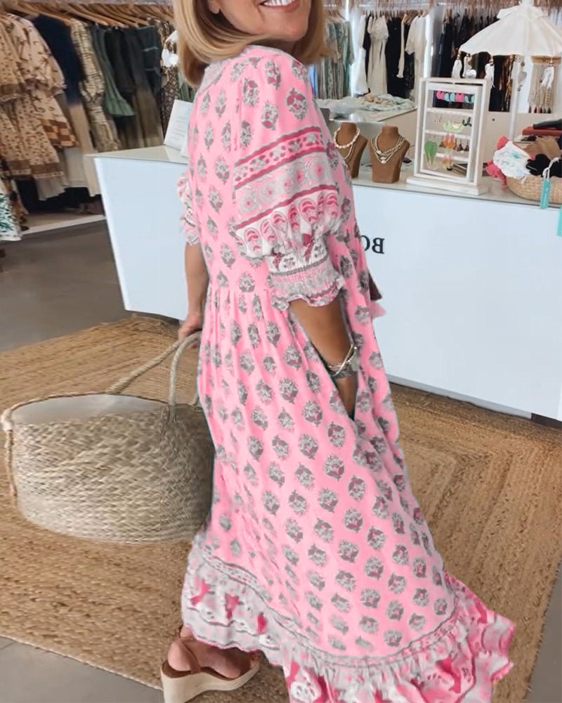 MANA | ELEGANT V-NECK MIDI DRESS WITH FLORAL PRINT