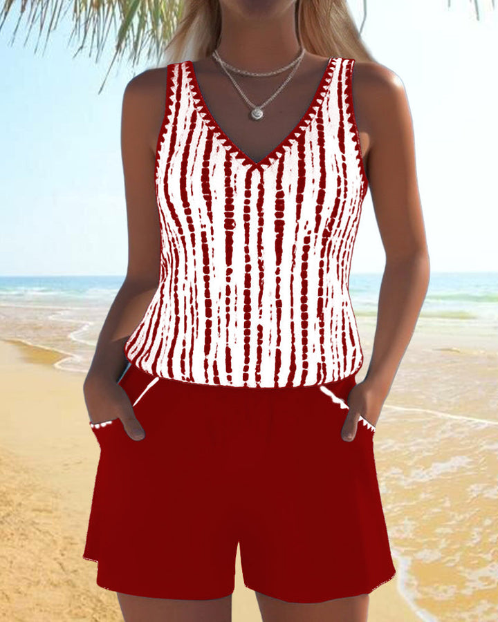 Mia | Printed V-Neck Two-Piece Swimsuit with Pockets - Casual Style