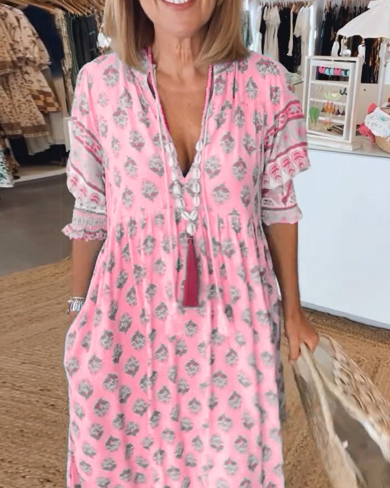 MANA | ELEGANT V-NECK MIDI DRESS WITH FLORAL PRINT