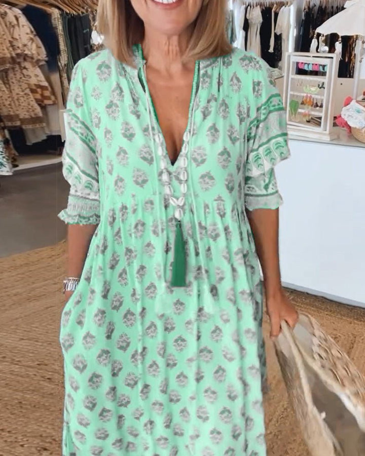 MANA | ELEGANT V-NECK MIDI DRESS WITH FLORAL PRINT