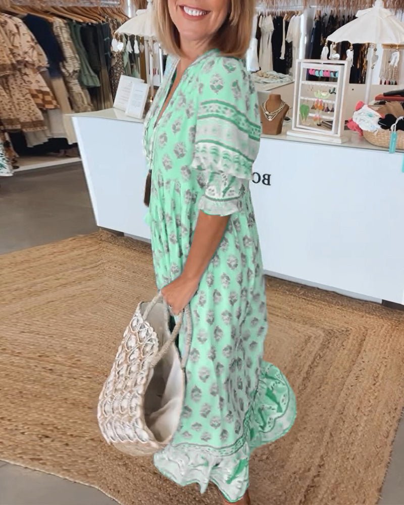 MANA | ELEGANT V-NECK MIDI DRESS WITH FLORAL PRINT