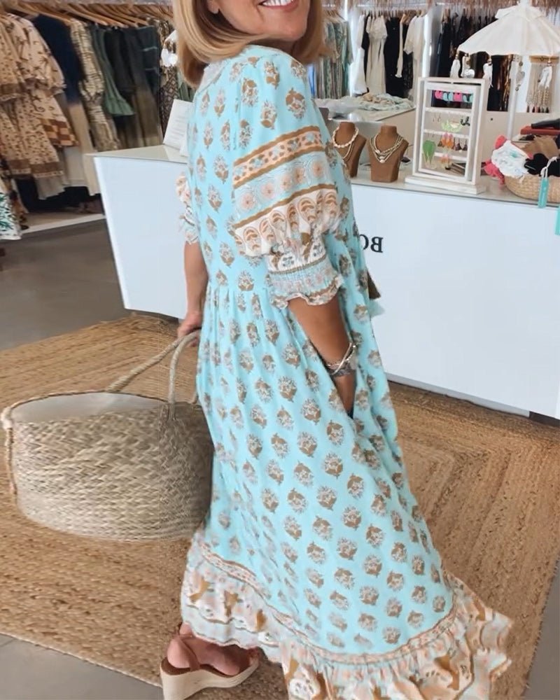 MANA | ELEGANT V-NECK MIDI DRESS WITH FLORAL PRINT