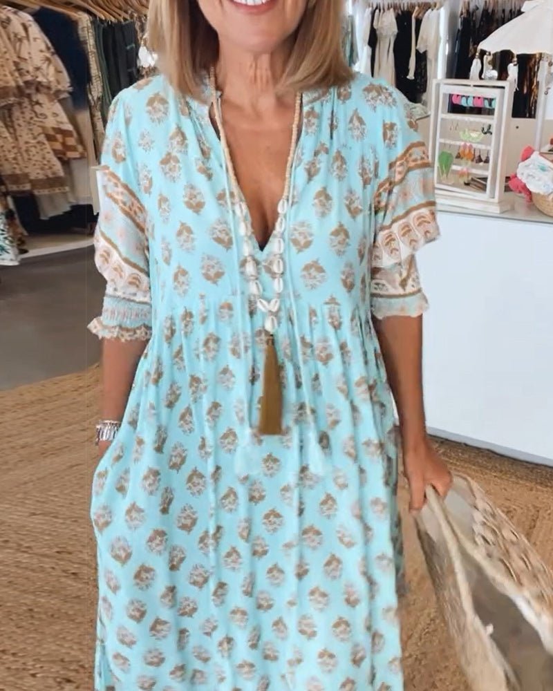 MANA | ELEGANT V-NECK MIDI DRESS WITH FLORAL PRINT