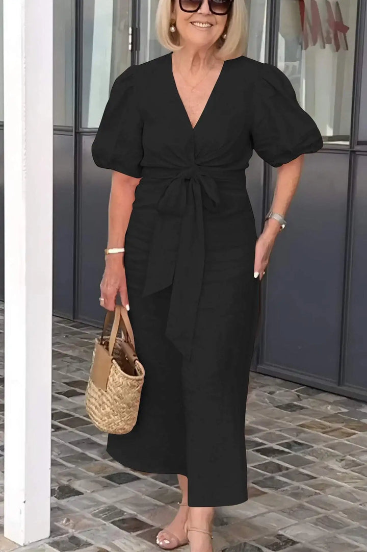 LYNORA | Sophisticated V-Neck Midi Dress