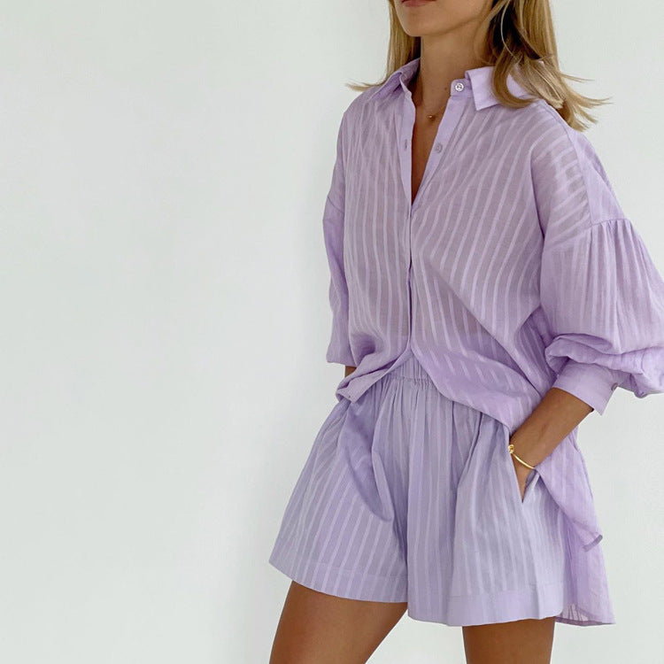 Viola - Stylish Button-Up Shirt and Lightweight Shorts Ensemble