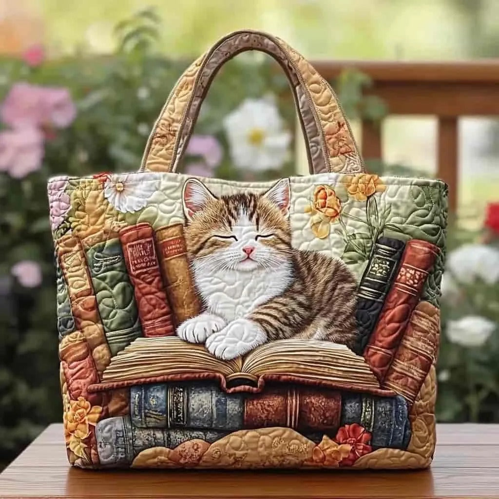 Handcrafted Bag - Cat Cozying Up with Books