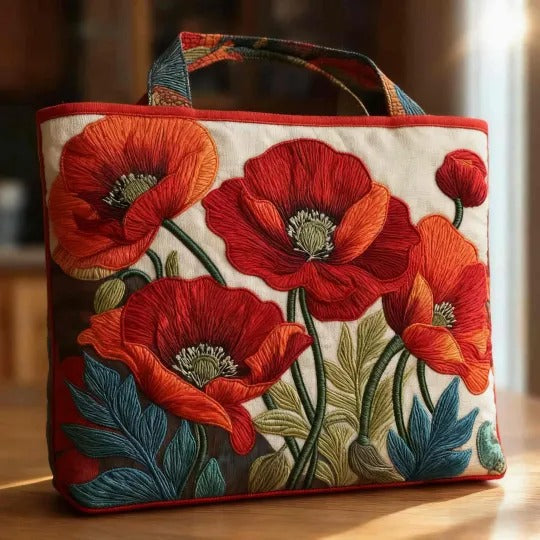 Handcrafted Bag with Red Floral Design